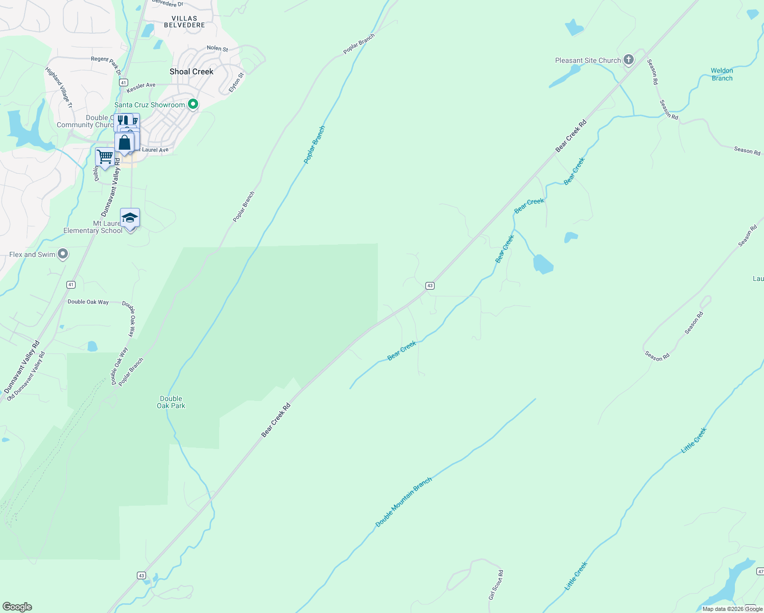 map of restaurants, bars, coffee shops, grocery stores, and more near 4253 Bear Creek Road in Sterrett