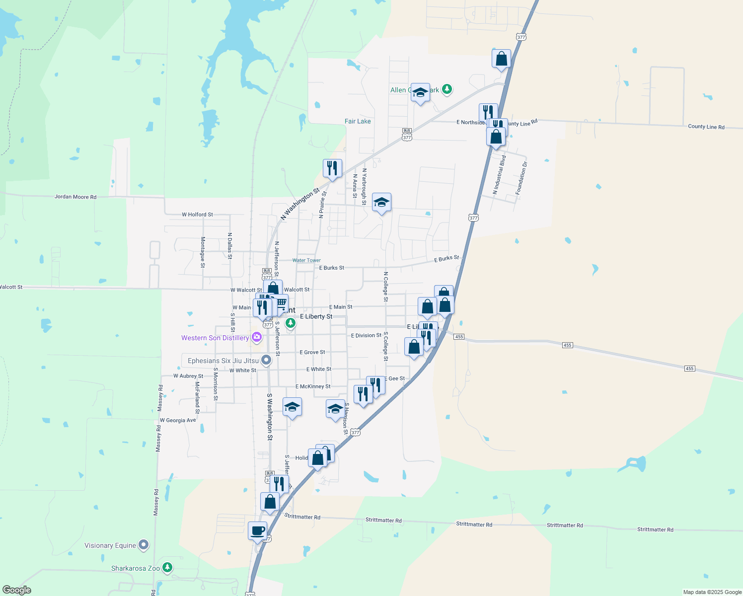 map of restaurants, bars, coffee shops, grocery stores, and more near 546 E Main St in Pilot Point