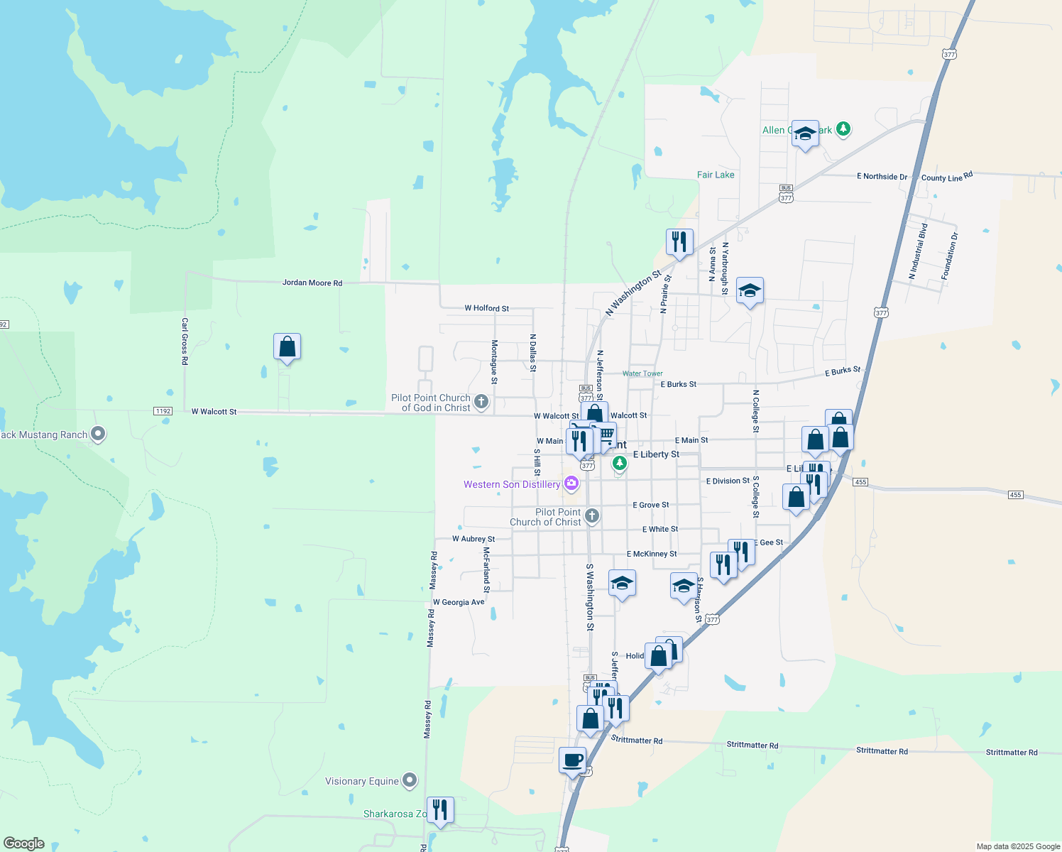 map of restaurants, bars, coffee shops, grocery stores, and more near 116 N Hill St in Pilot Point