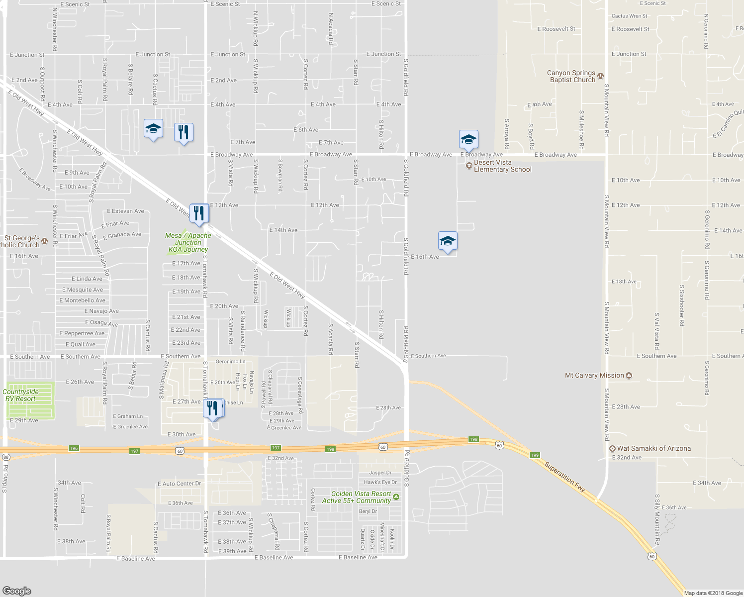 map of restaurants, bars, coffee shops, grocery stores, and more near 1929 South Vaquero Road in Apache Junction