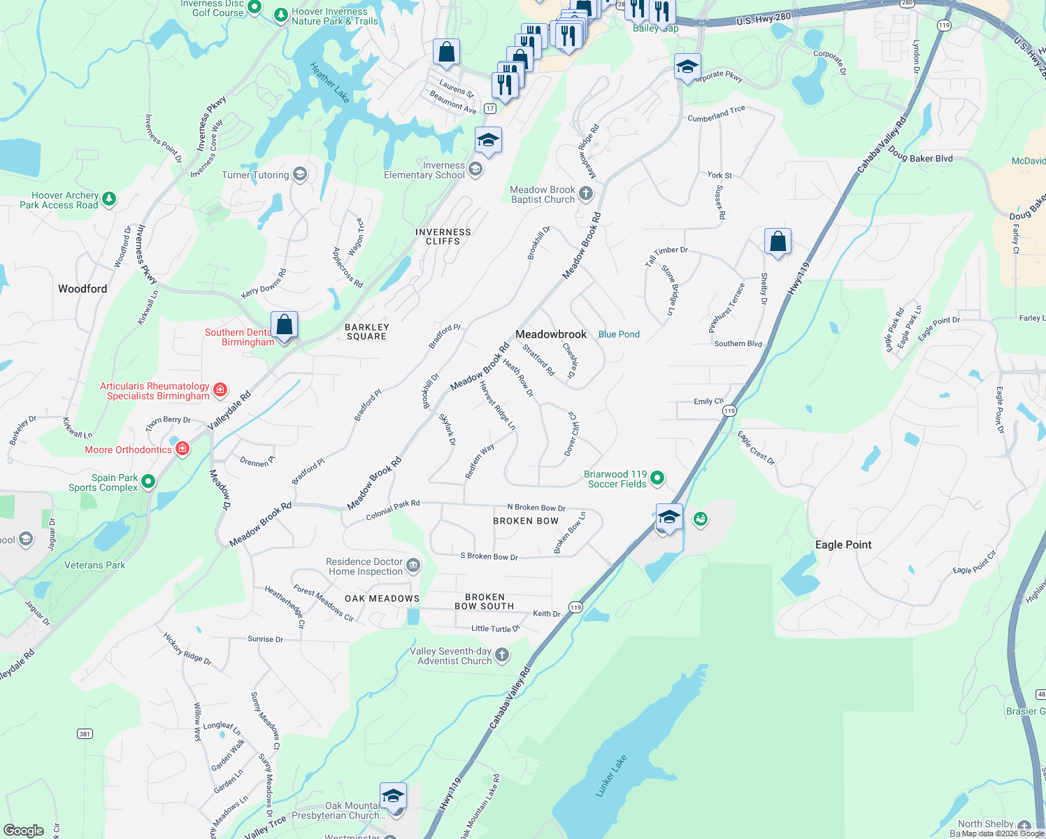 map of restaurants, bars, coffee shops, grocery stores, and more near 5248 Harvest Ridge Lane in Birmingham