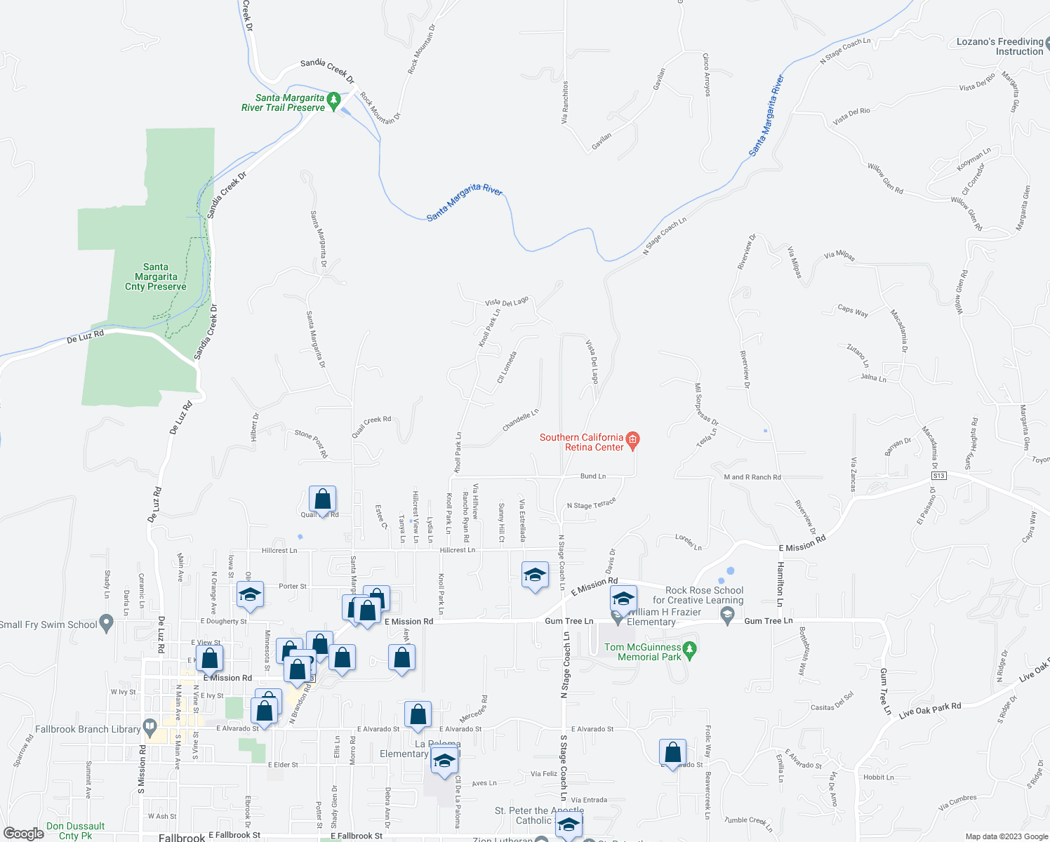 map of restaurants, bars, coffee shops, grocery stores, and more near 1545 Chandelle Lane in Fallbrook