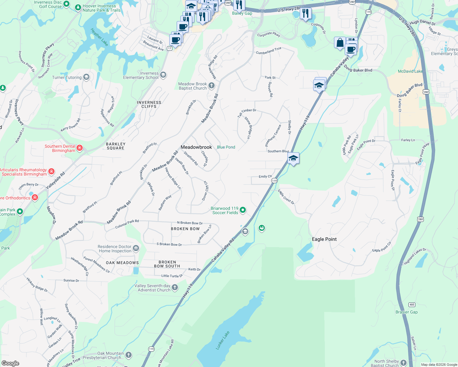 map of restaurants, bars, coffee shops, grocery stores, and more near 5391-5447 Harvest Ridge Lane in Meadowbrook