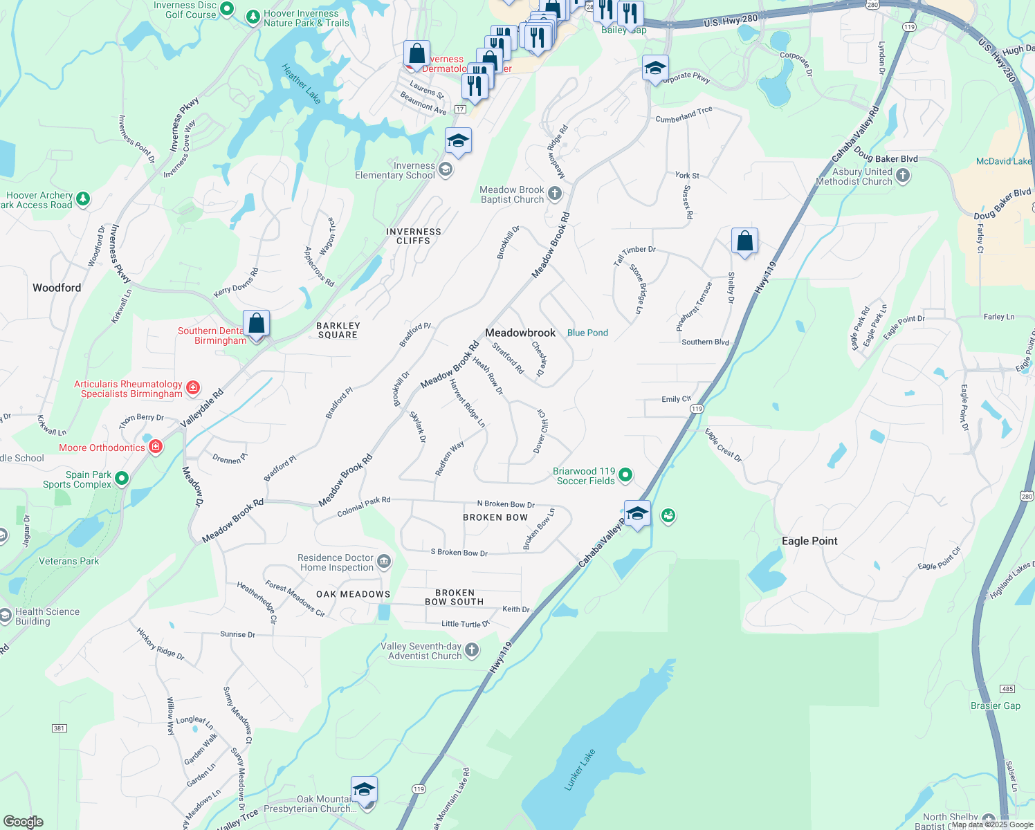 map of restaurants, bars, coffee shops, grocery stores, and more near 5536 Heath Row Drive in Birmingham