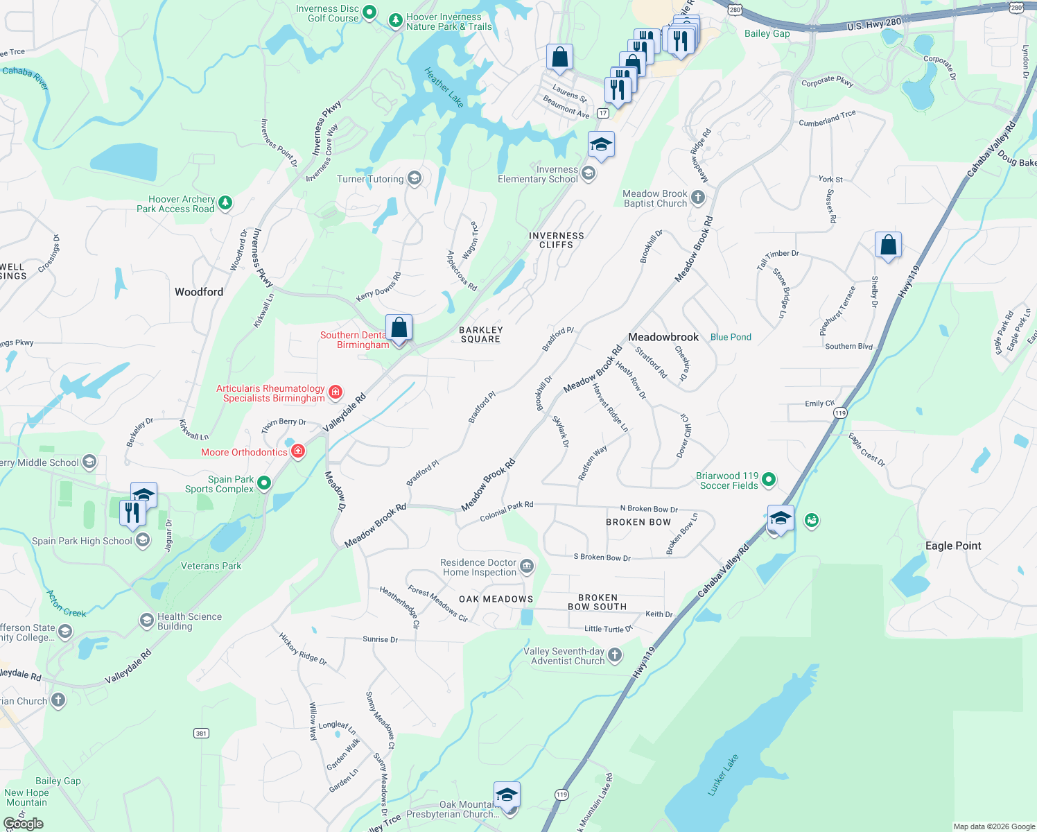 map of restaurants, bars, coffee shops, grocery stores, and more near 5108 Meadow Brook Road in Birmingham