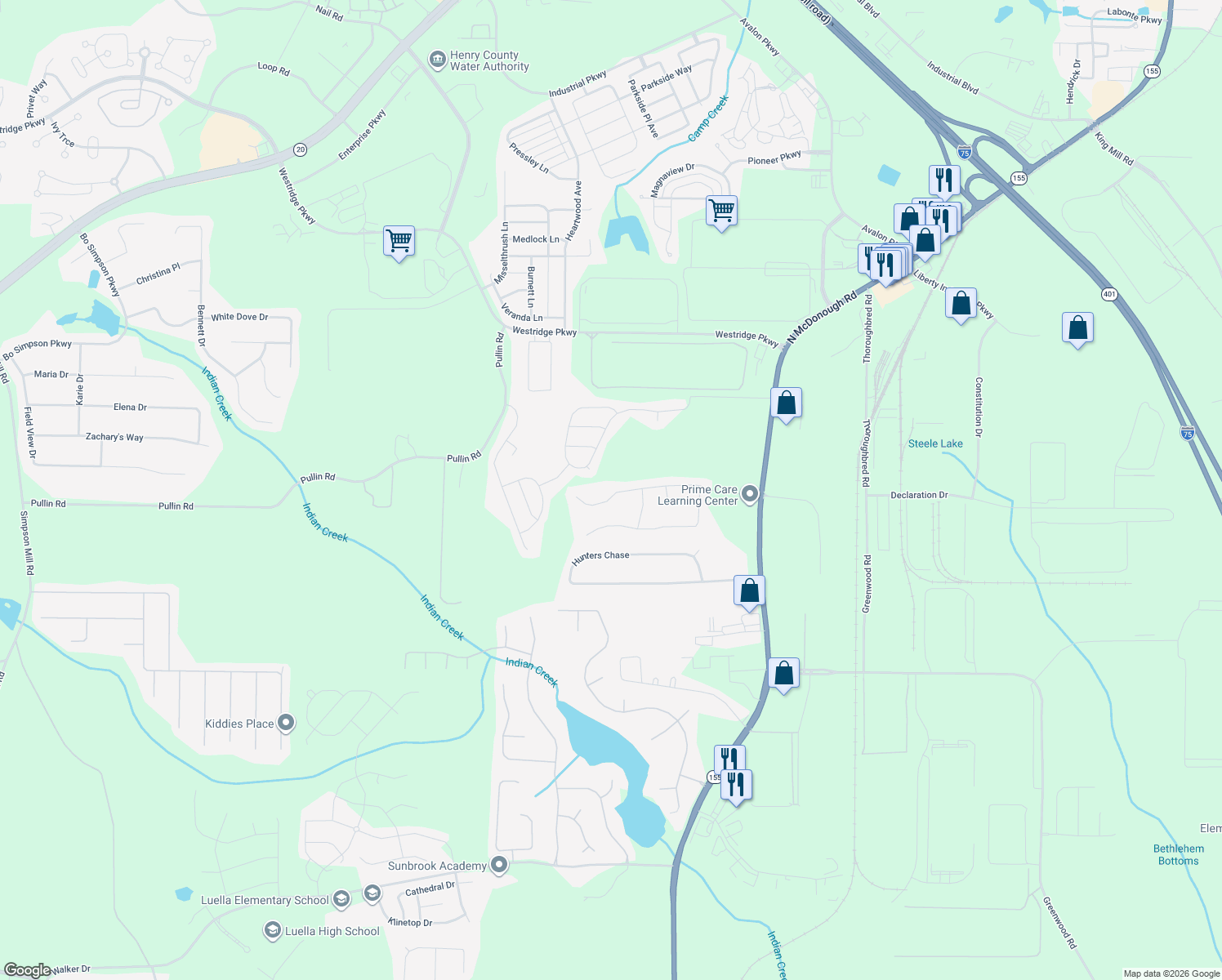 map of restaurants, bars, coffee shops, grocery stores, and more near 133 Stoney Brook Way in McDonough