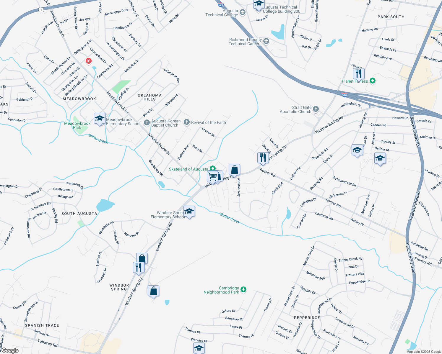 map of restaurants, bars, coffee shops, grocery stores, and more near 2443 Windsor Spring Road in Augusta