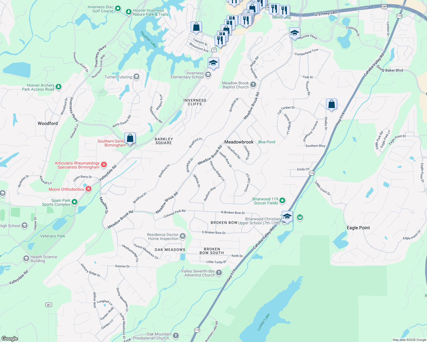 map of restaurants, bars, coffee shops, grocery stores, and more near 5212 Harvest Ridge Lane in Birmingham