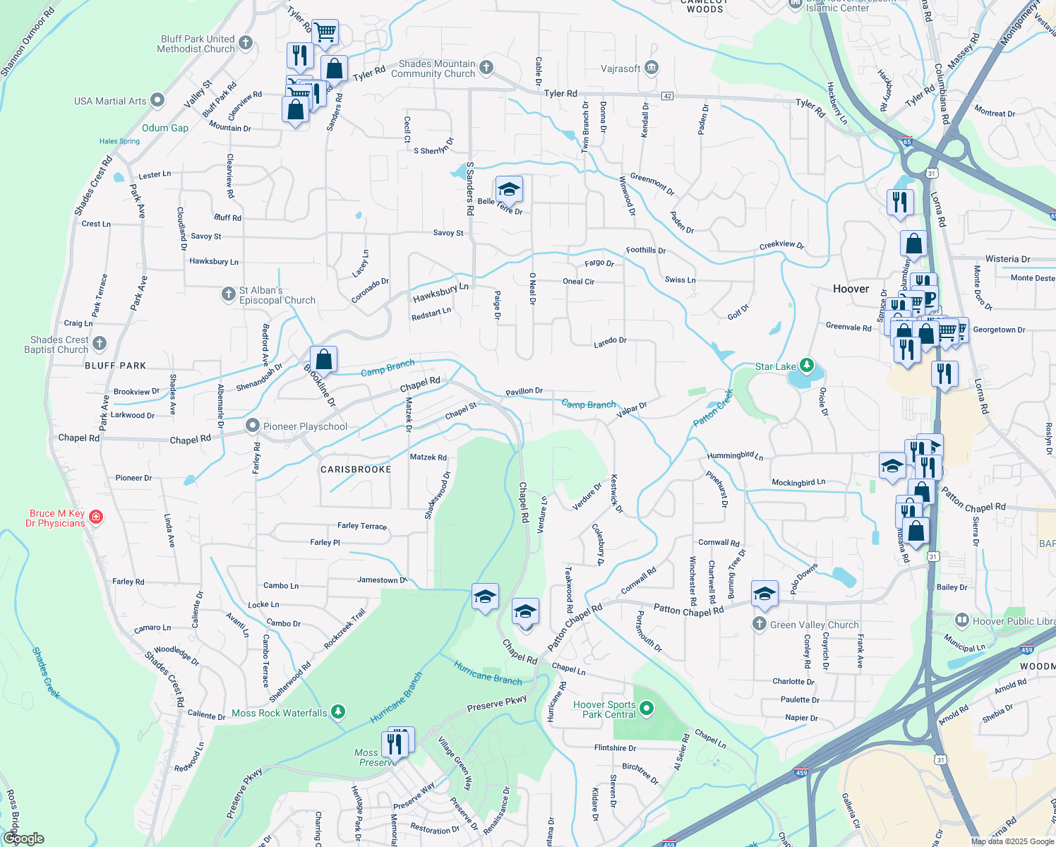 map of restaurants, bars, coffee shops, grocery stores, and more near 3745 Chapel Creek Lane in Birmingham