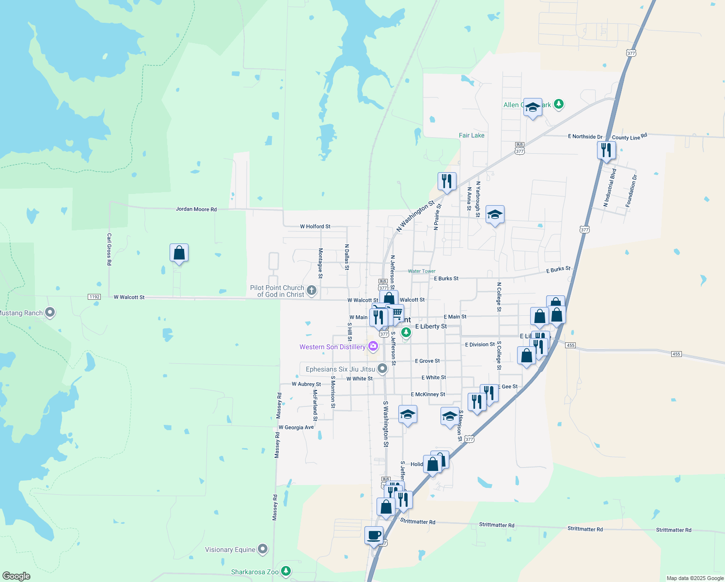 map of restaurants, bars, coffee shops, grocery stores, and more near 207 North Winchester Way in Pilot Point