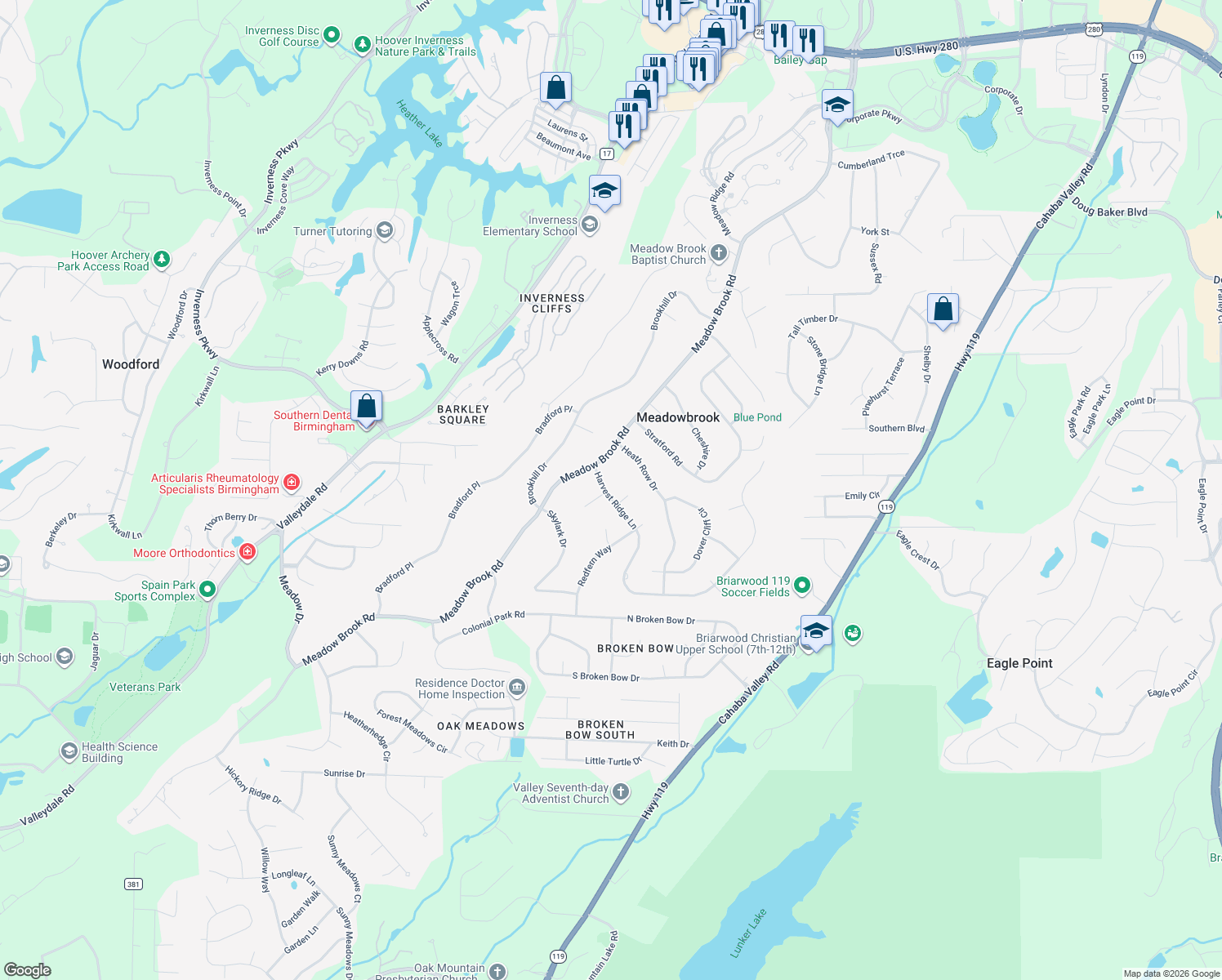 map of restaurants, bars, coffee shops, grocery stores, and more near 5212 Harvest Ridge Lane in Birmingham
