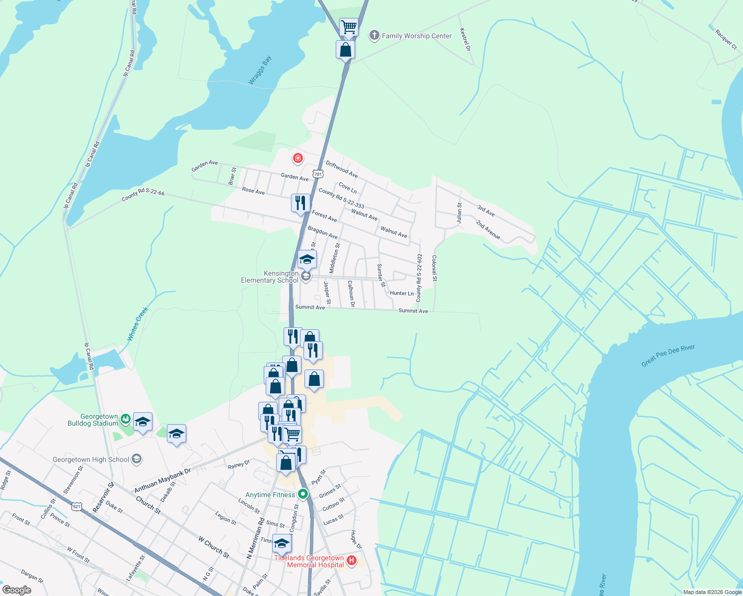 map of restaurants, bars, coffee shops, grocery stores, and more near 1701 Wren Street in Georgetown