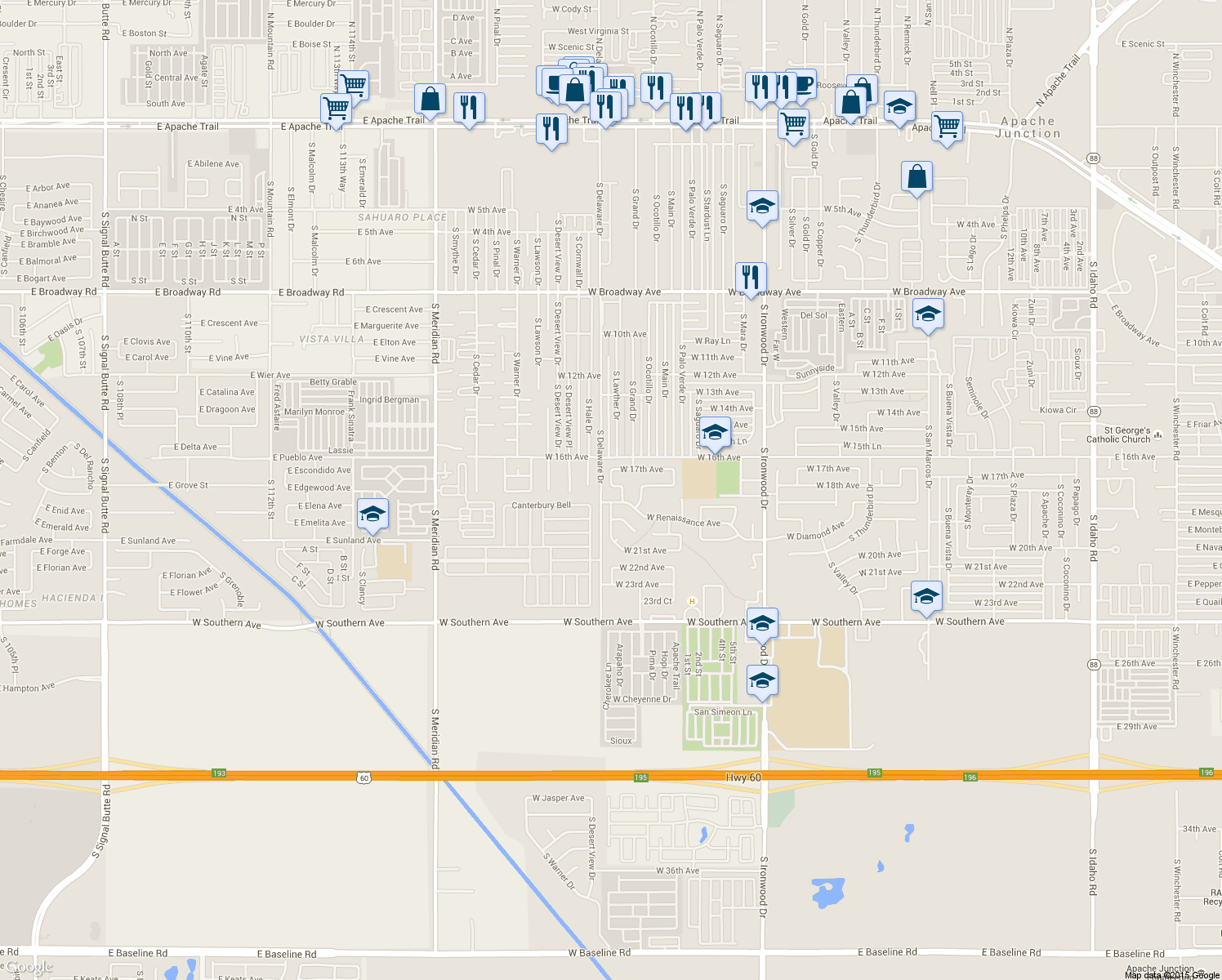 map of restaurants, bars, coffee shops, grocery stores, and more near 2325 W 18th Ave in Apache Junction