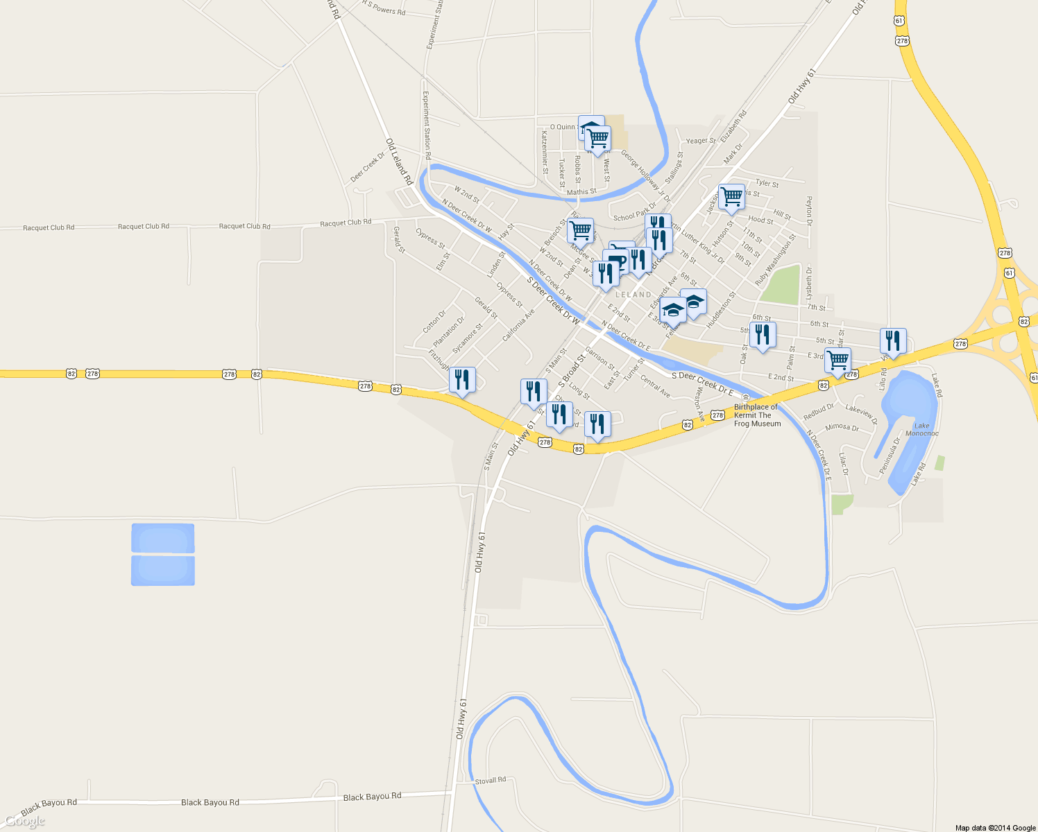 map of restaurants, bars, coffee shops, grocery stores, and more near 613 South Main Street in Leland