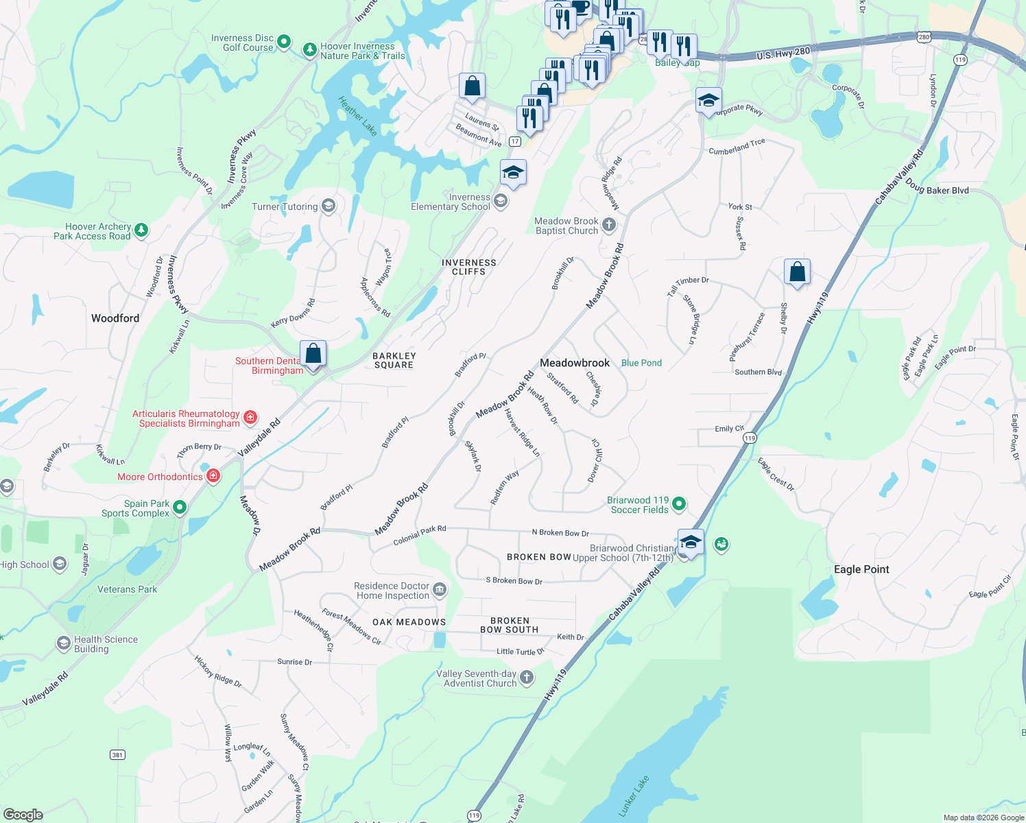 map of restaurants, bars, coffee shops, grocery stores, and more near 5212 Harvest Ridge Lane in Birmingham