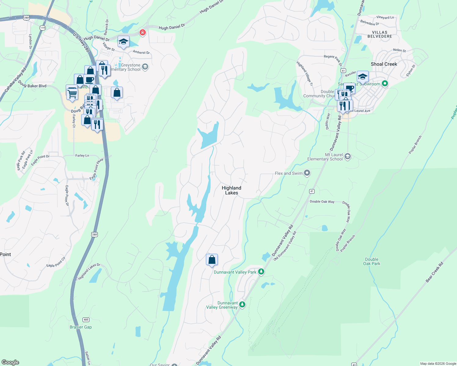 map of restaurants, bars, coffee shops, grocery stores, and more near in Highland Lakes