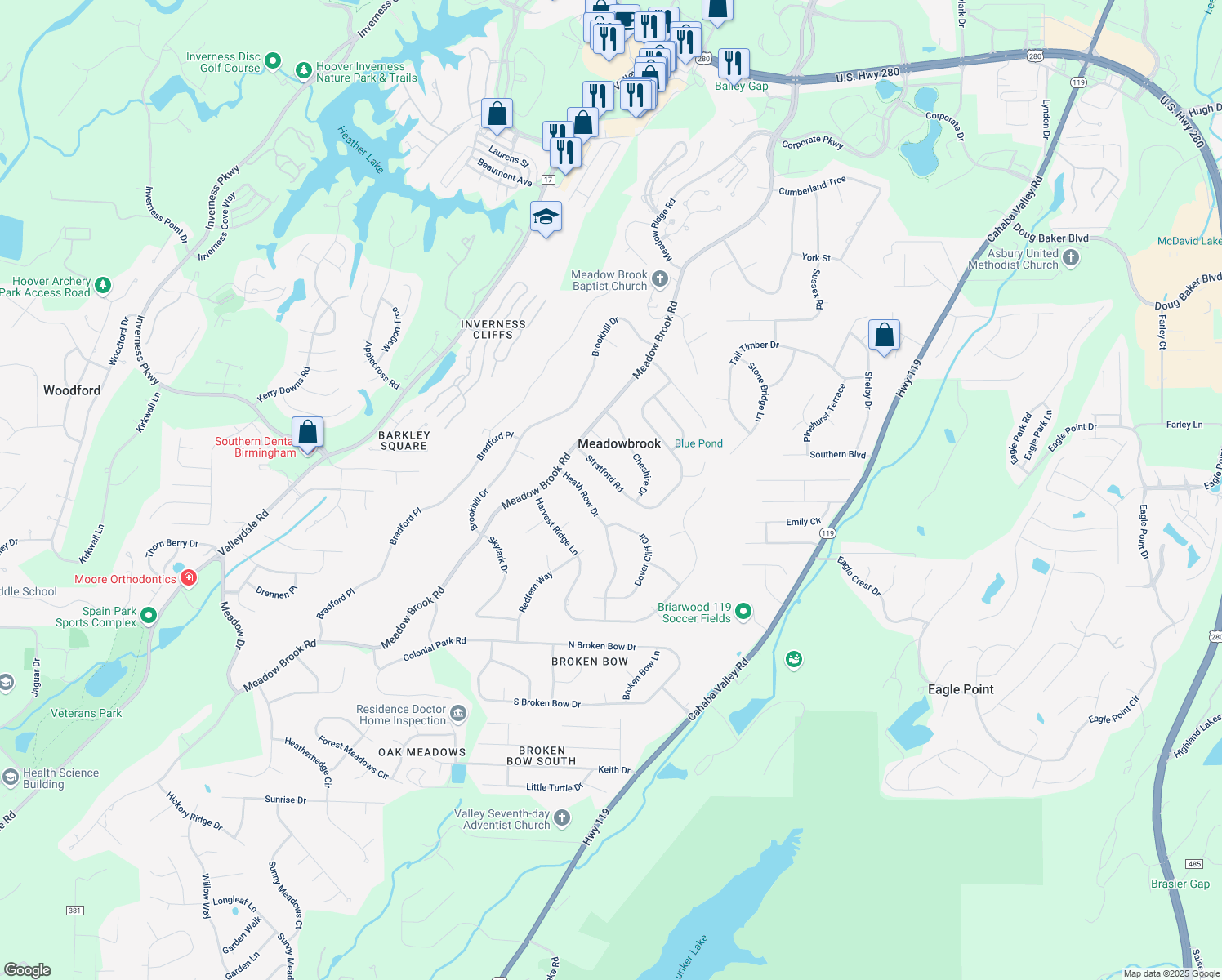 map of restaurants, bars, coffee shops, grocery stores, and more near 5120 Stratford Road in Birmingham