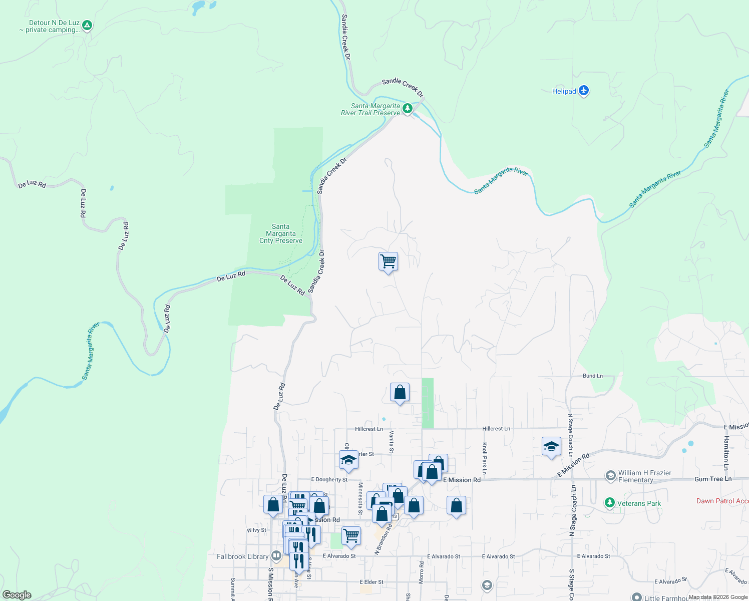 map of restaurants, bars, coffee shops, grocery stores, and more near 1633 Moon Rock Road in Fallbrook