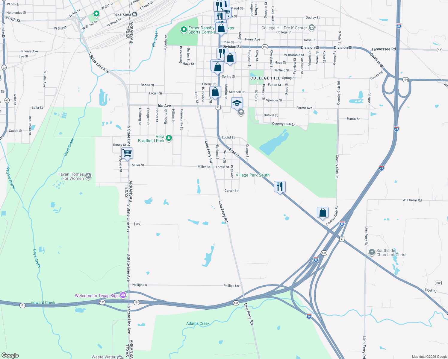 map of restaurants, bars, coffee shops, grocery stores, and more near 1402 Betty Street in Texarkana