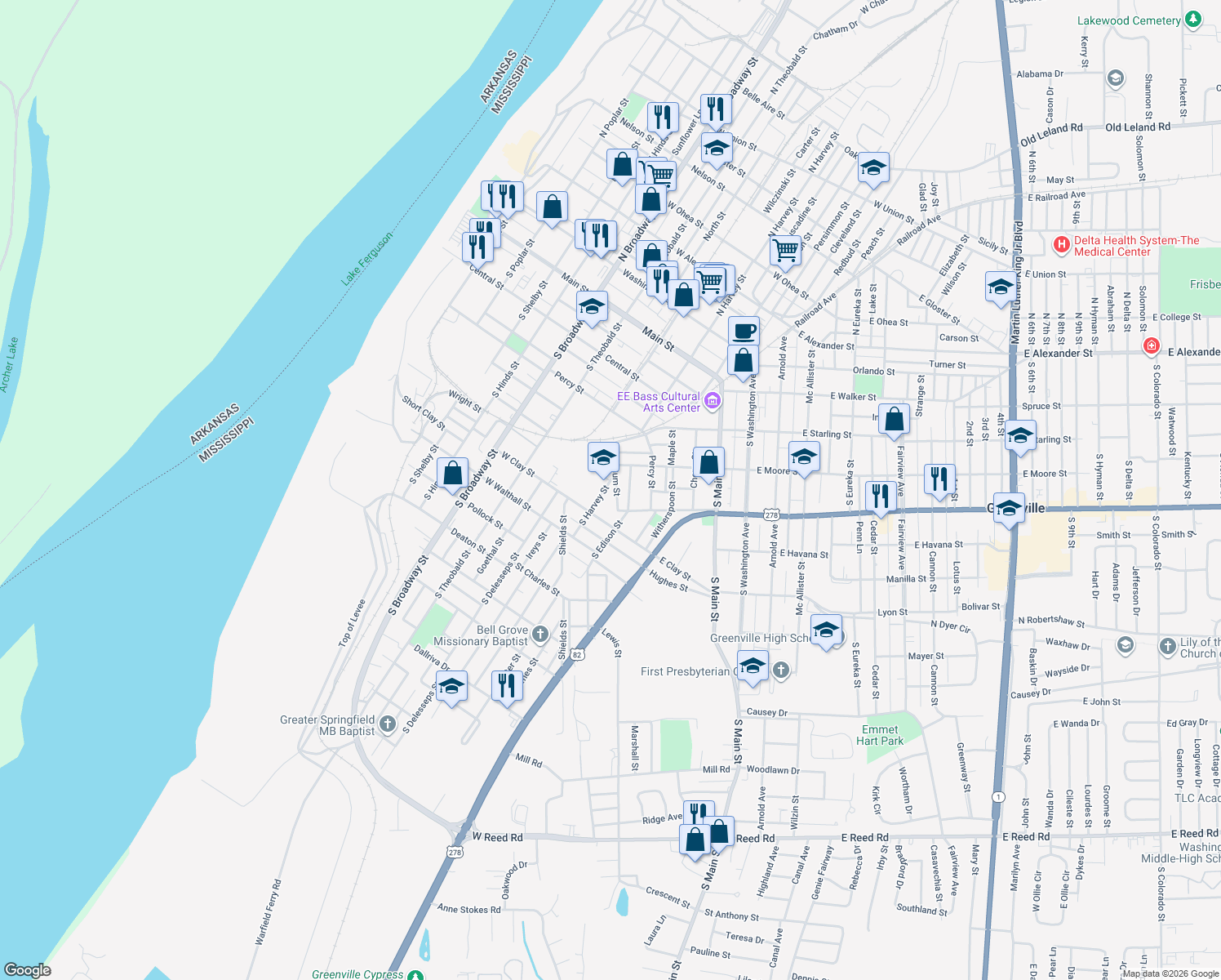 map of restaurants, bars, coffee shops, grocery stores, and more near 616 South Harvey Street in Greenville