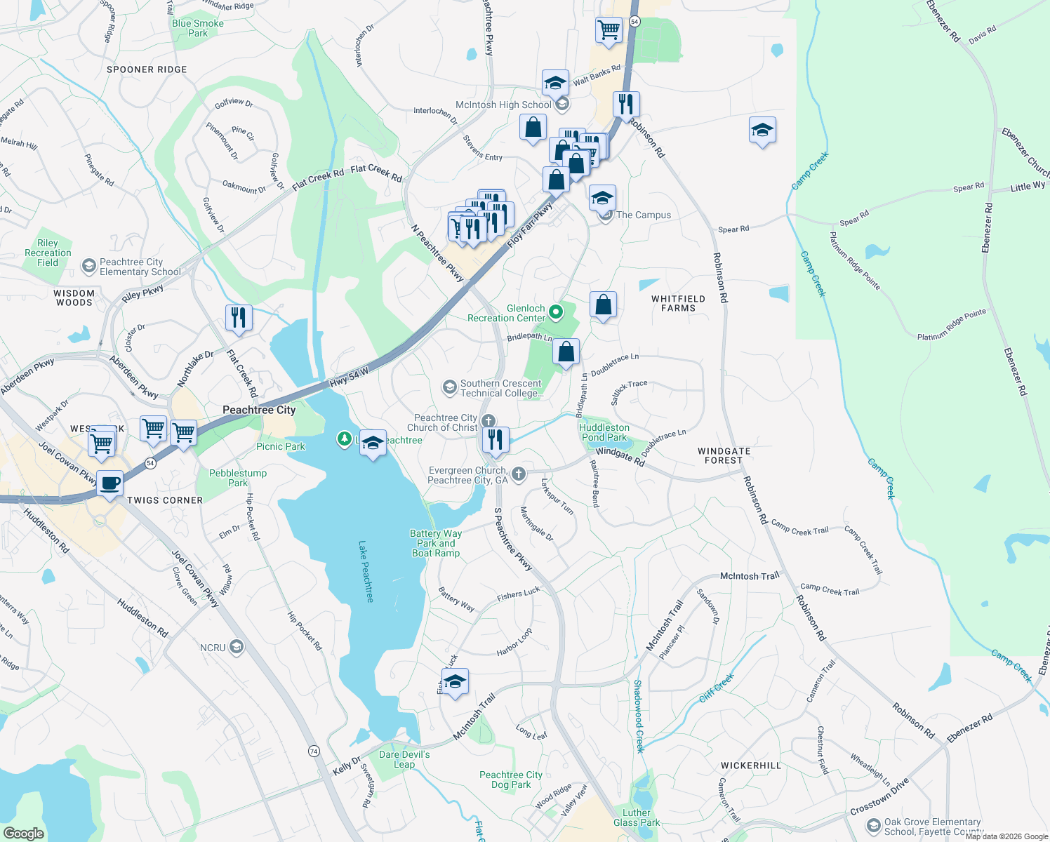 map of restaurants, bars, coffee shops, grocery stores, and more near 207 Clydesdale Rd in Peachtree City