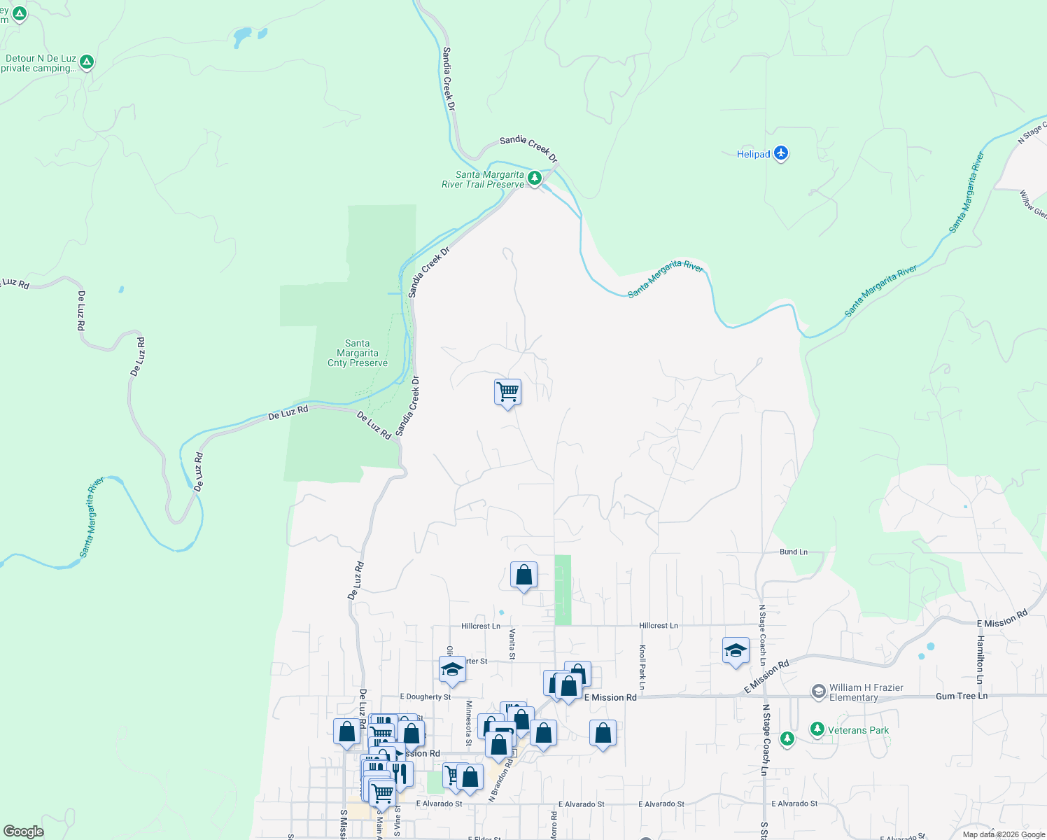 map of restaurants, bars, coffee shops, grocery stores, and more near 1707 Santa Margarita Drive in Fallbrook