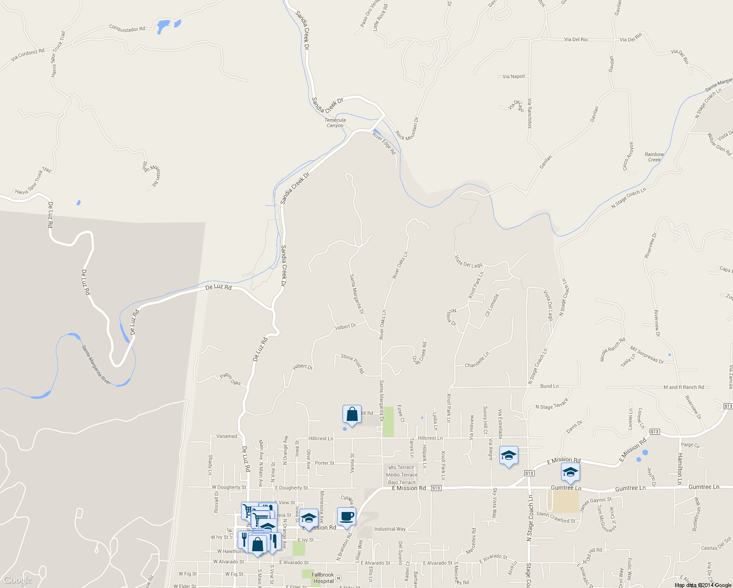 map of restaurants, bars, coffee shops, grocery stores, and more near 1707 Santa Margarita Drive in Fallbrook