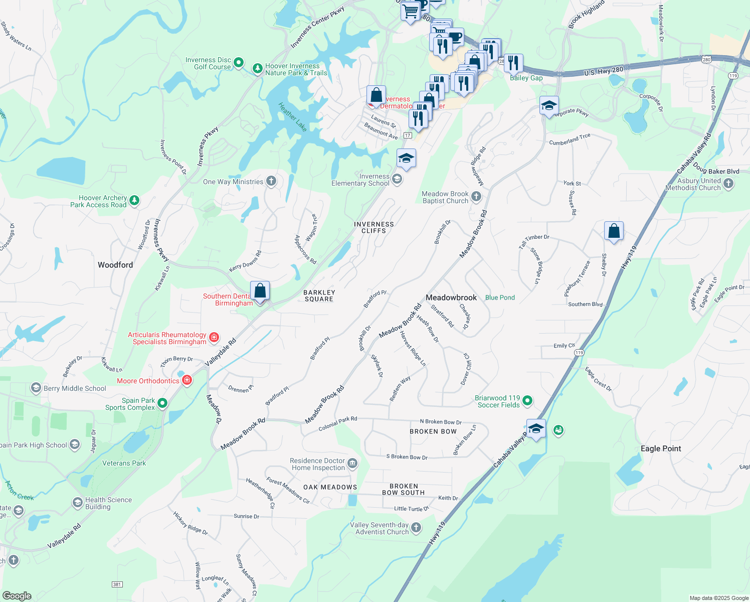 map of restaurants, bars, coffee shops, grocery stores, and more near 3197 Bradford Place in Birmingham