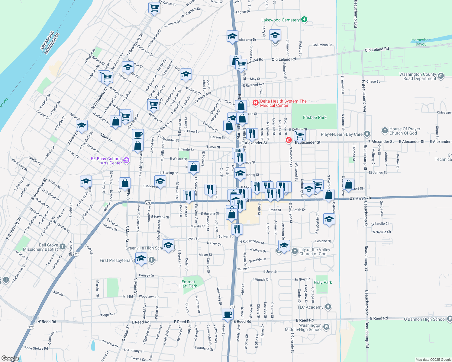 map of restaurants, bars, coffee shops, grocery stores, and more near 423 3rd Street in Greenville