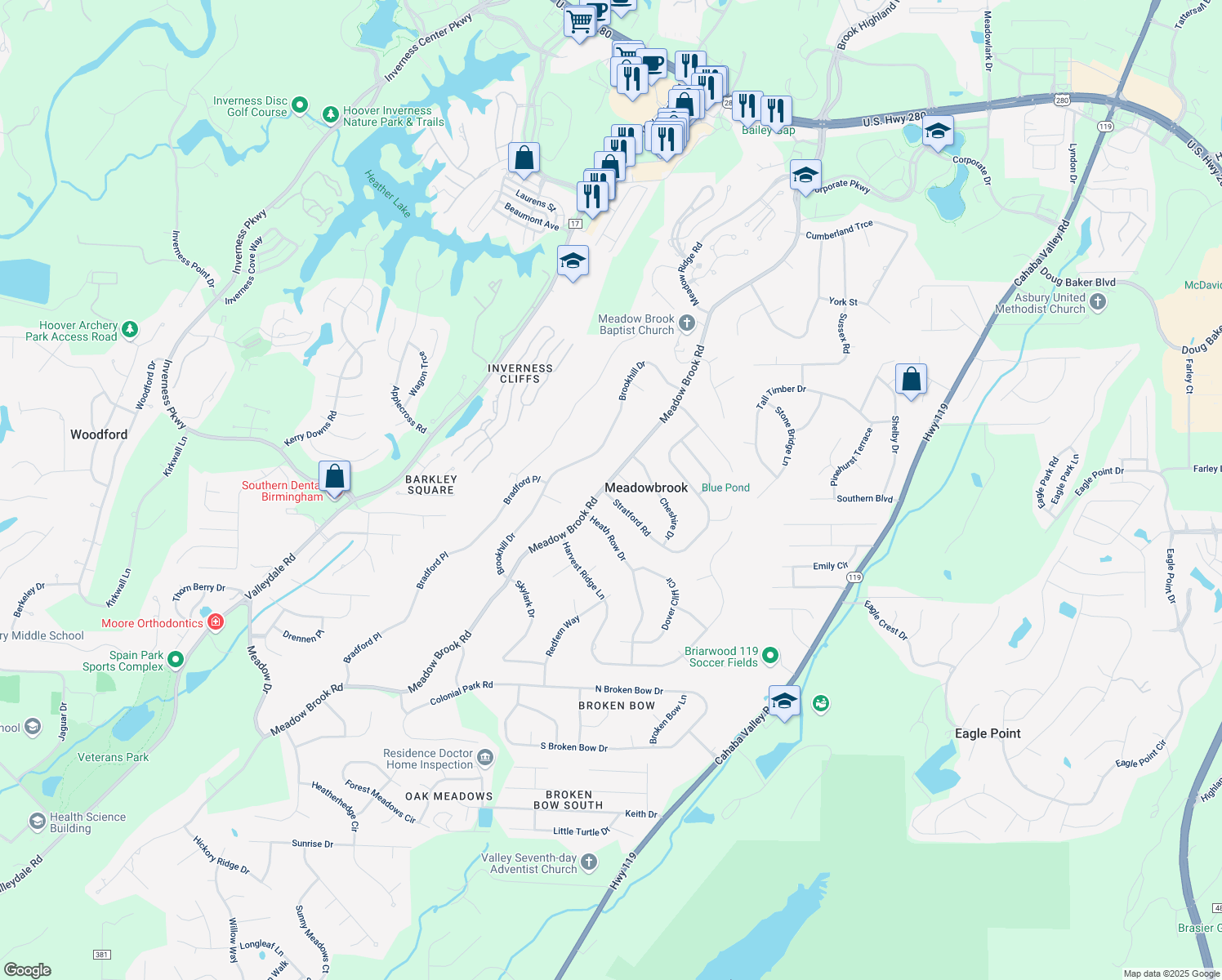 map of restaurants, bars, coffee shops, grocery stores, and more near 5148 Stratford Road in Birmingham