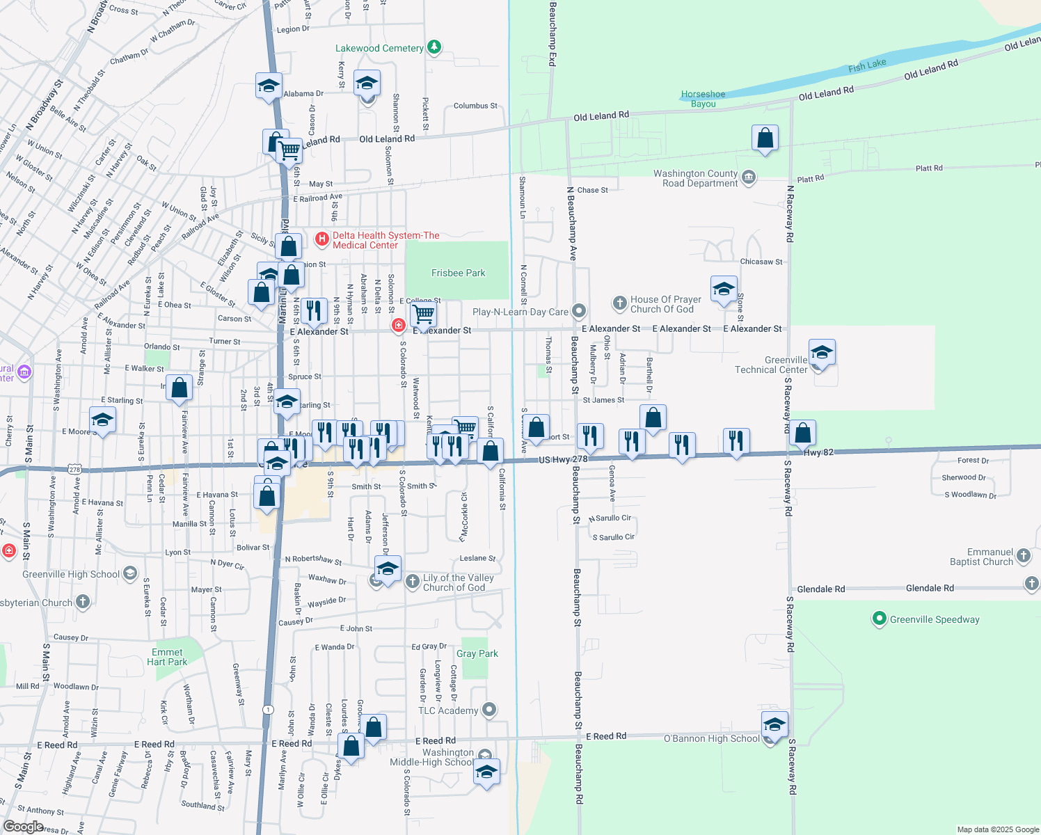 map of restaurants, bars, coffee shops, grocery stores, and more near 433 South Cornell Avenue in Greenville