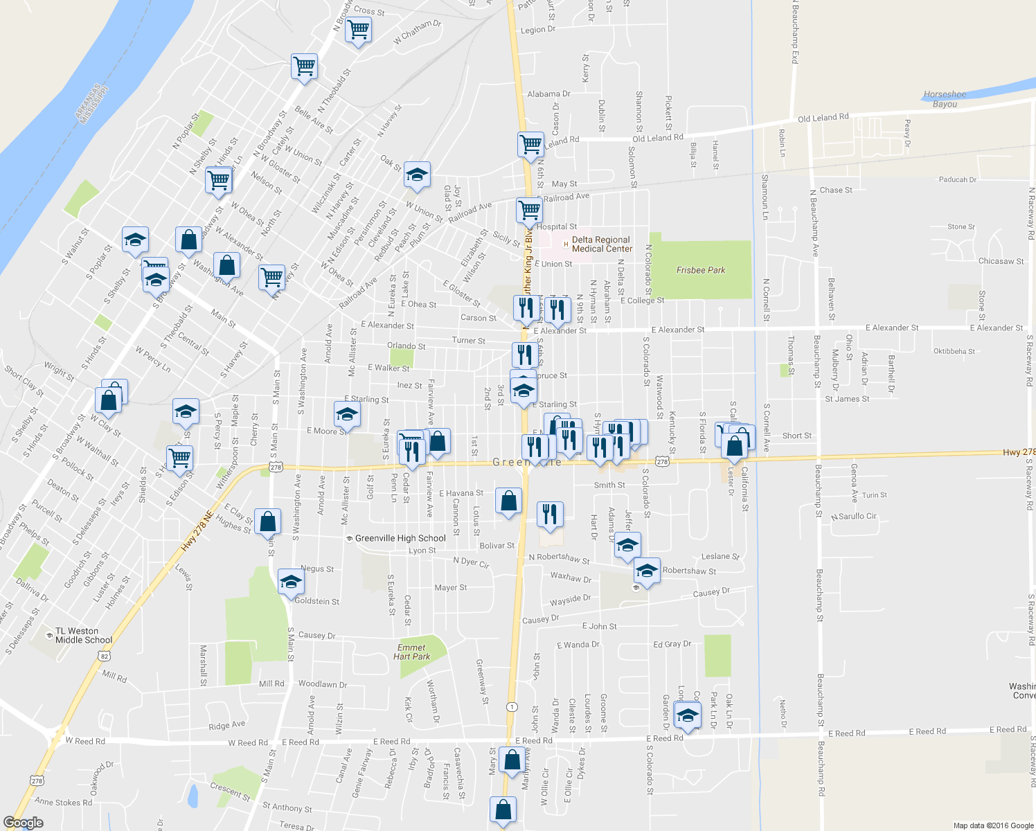 map of restaurants, bars, coffee shops, grocery stores, and more near 417 Highway 1 in Greenville