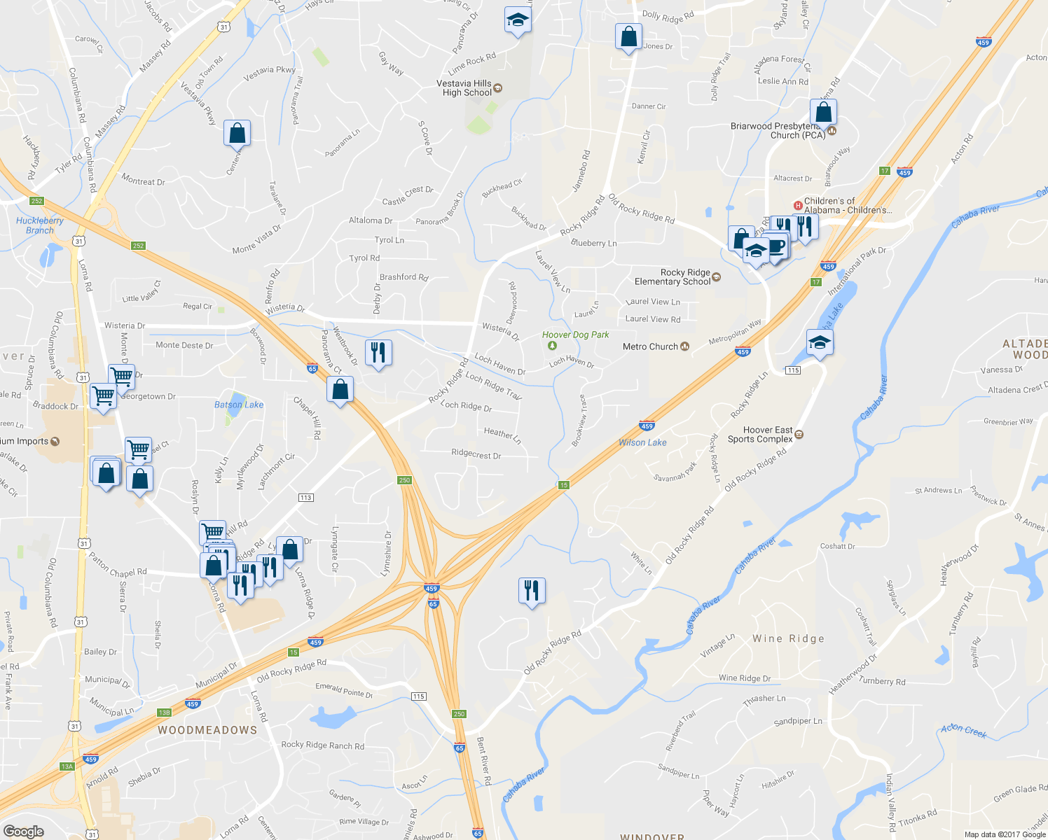 map of restaurants, bars, coffee shops, grocery stores, and more near 3467-3471 Loch Ridge Trail in Hoover