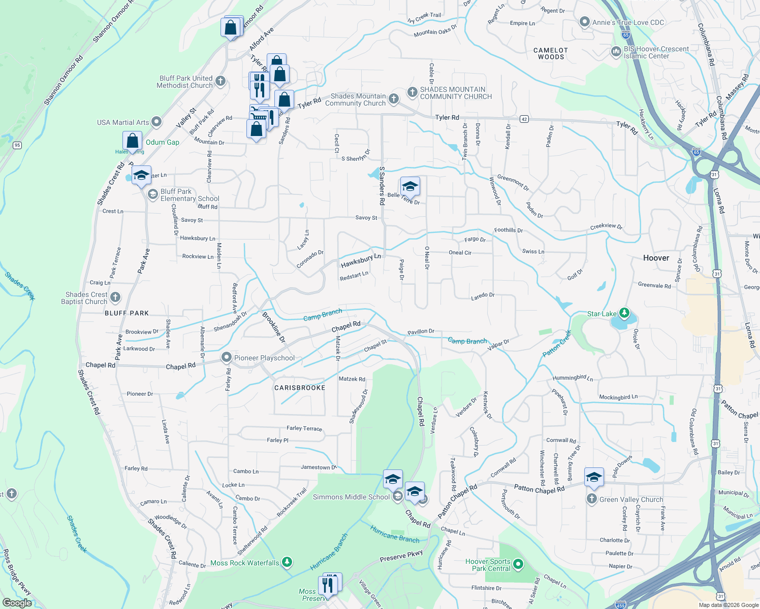 map of restaurants, bars, coffee shops, grocery stores, and more near 301 Stonebrook Circle in Birmingham