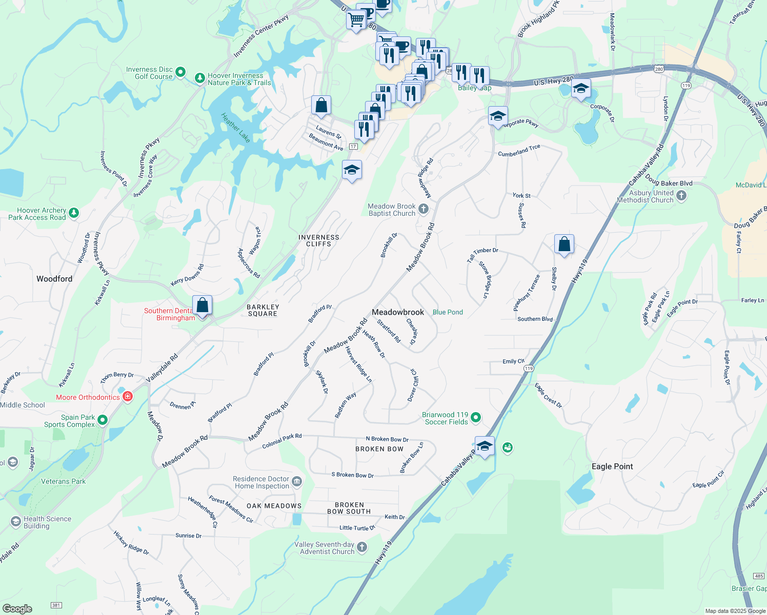 map of restaurants, bars, coffee shops, grocery stores, and more near 5148 Stratford Road in Birmingham