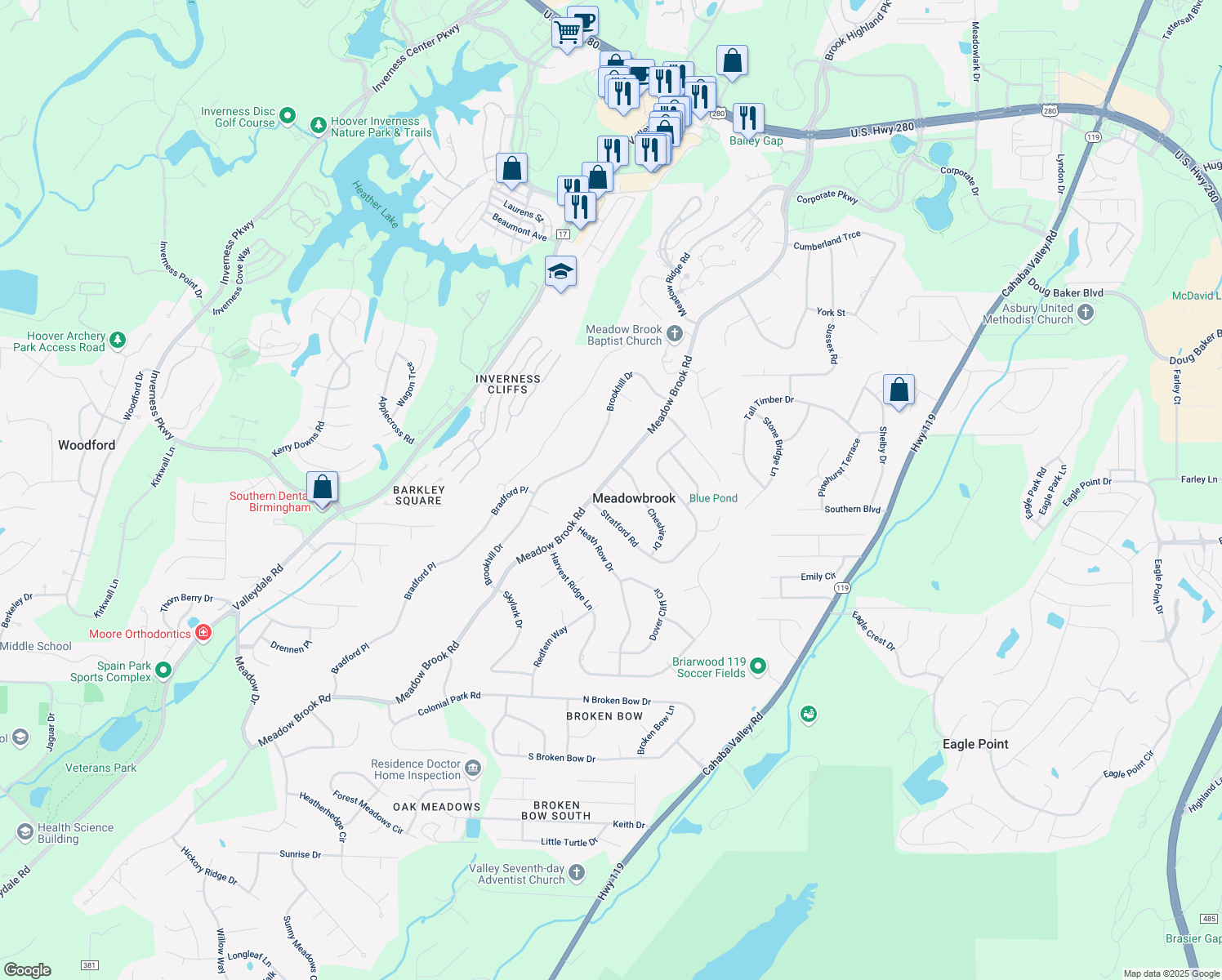map of restaurants, bars, coffee shops, grocery stores, and more near 5148 Stratford Road in Birmingham