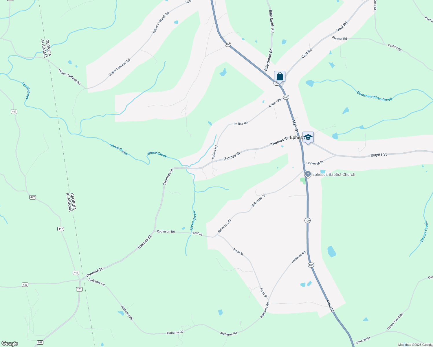 map of restaurants, bars, coffee shops, grocery stores, and more near 781 Thomas Street in Roopville