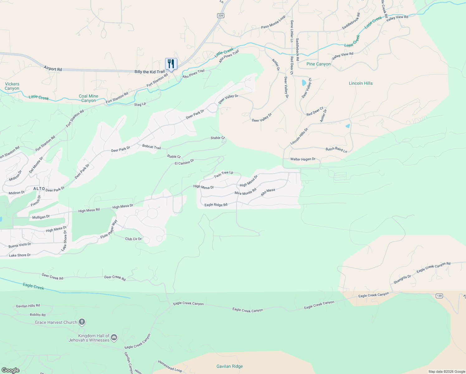 map of restaurants, bars, coffee shops, grocery stores, and more near High Mesa Drive in Alto