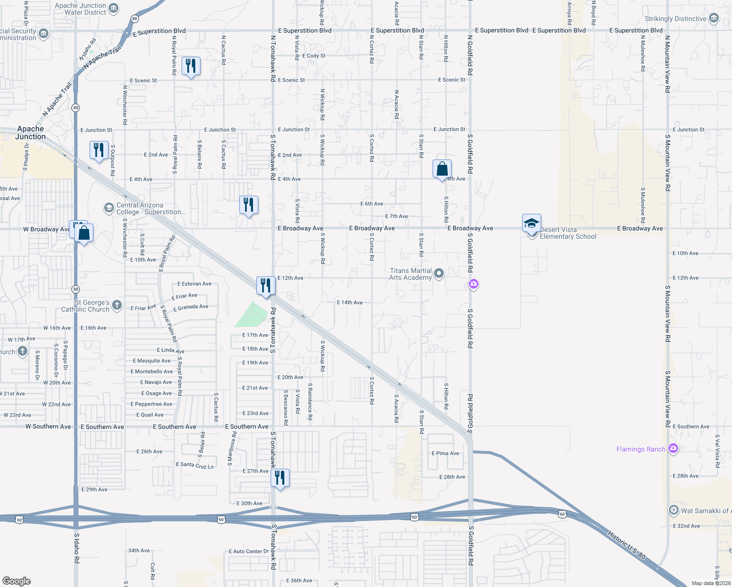 map of restaurants, bars, coffee shops, grocery stores, and more near 1318 S Cortez Rd in Apache Junction