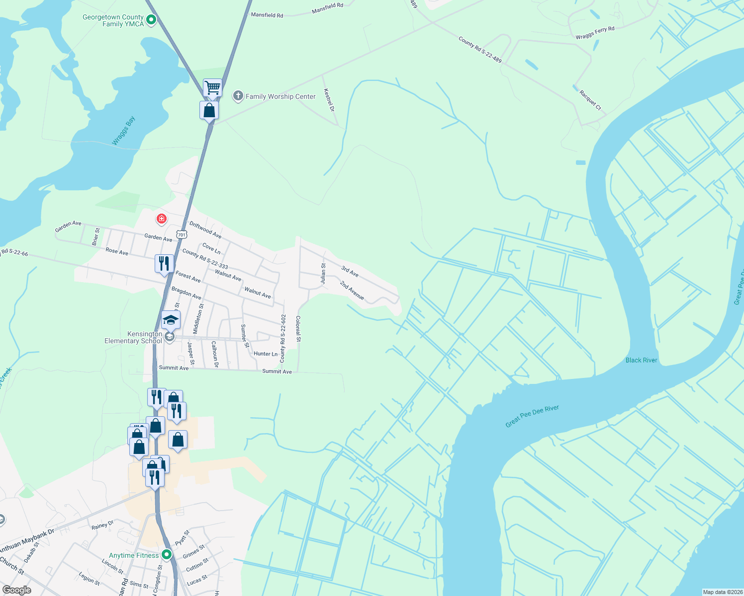 map of restaurants, bars, coffee shops, grocery stores, and more near 1001 2nd Avenue in Georgetown