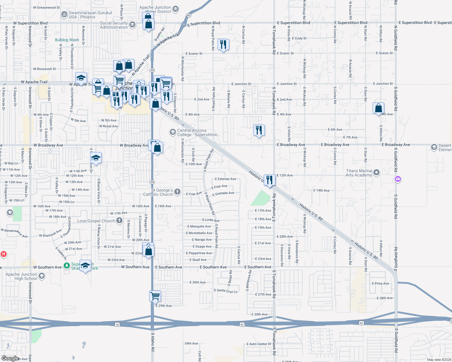 map of restaurants, bars, coffee shops, grocery stores, and more near 943 East Estevan Avenue in Apache Junction