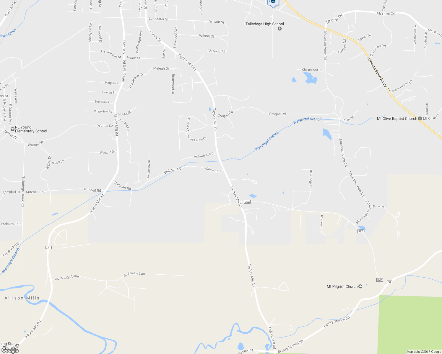 map of restaurants, bars, coffee shops, grocery stores, and more near 2410 Taylors Mill Road in Talladega