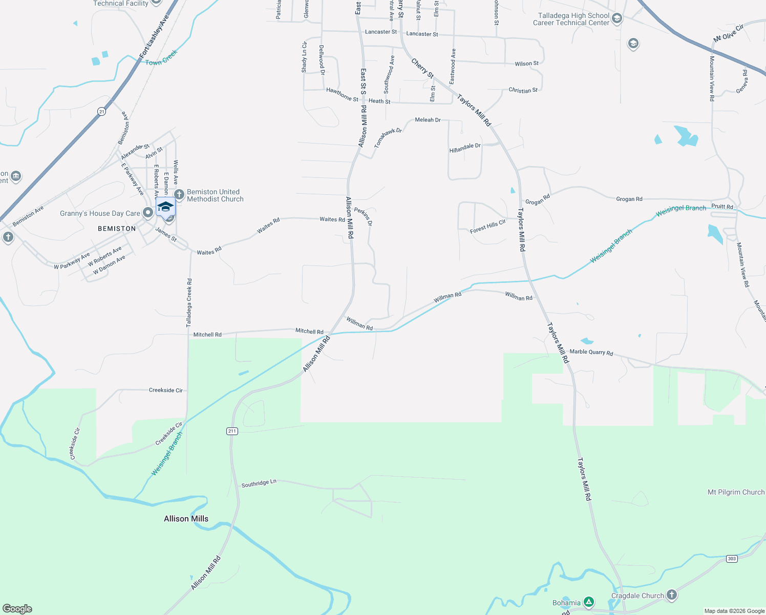 map of restaurants, bars, coffee shops, grocery stores, and more near 336 Brookview Drive in Talladega