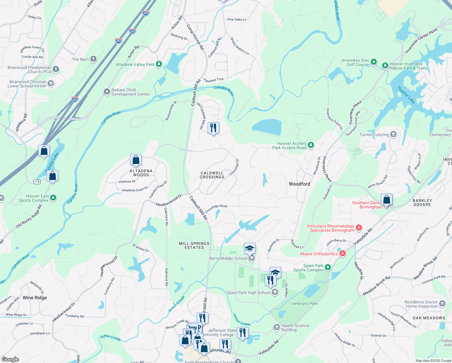 map of restaurants, bars, coffee shops, grocery stores, and more near 3176 Crossings Drive in Birmingham