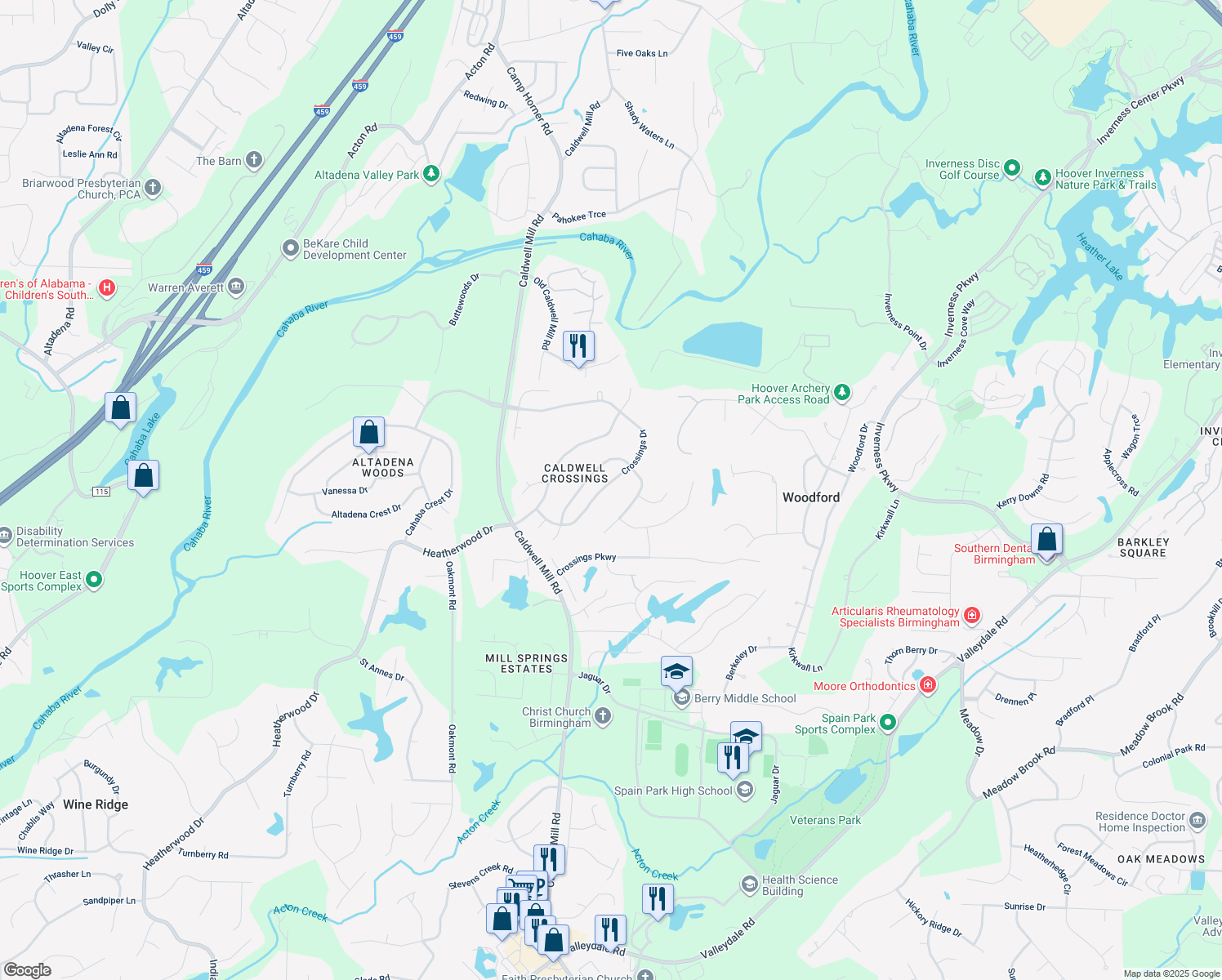map of restaurants, bars, coffee shops, grocery stores, and more near 3176 Crossings Drive in Birmingham