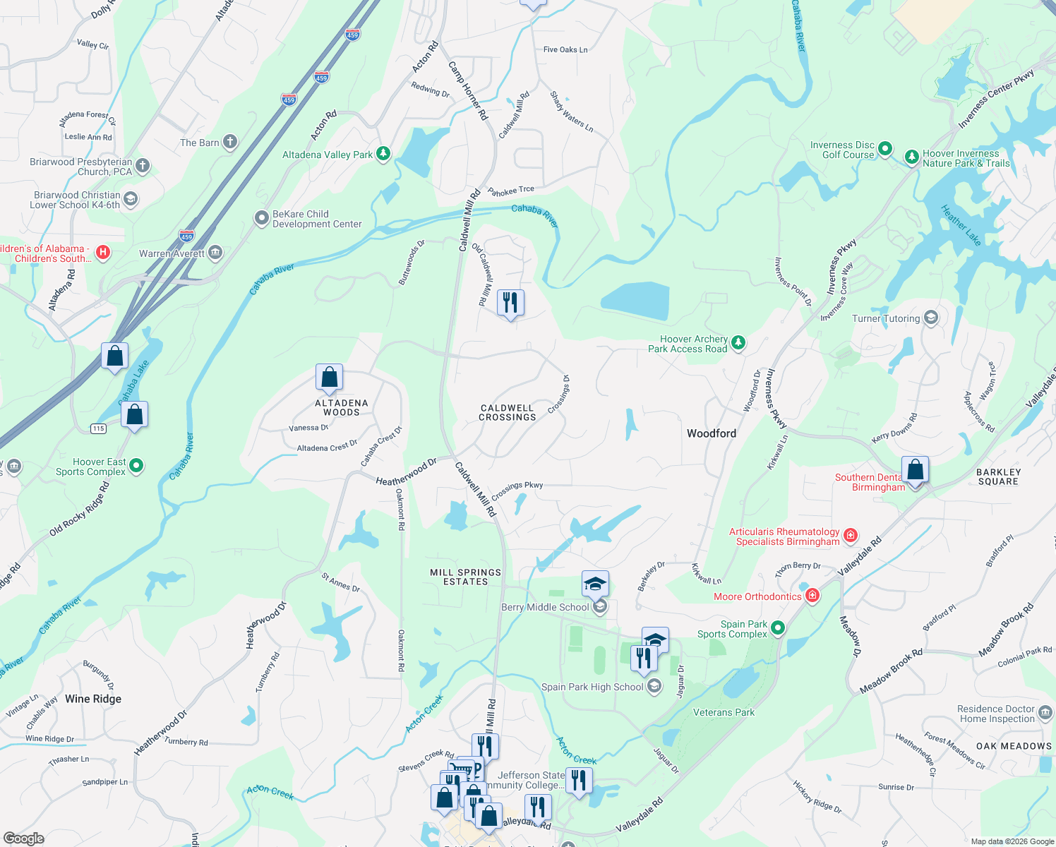 map of restaurants, bars, coffee shops, grocery stores, and more near 3176 Crossings Drive in Birmingham
