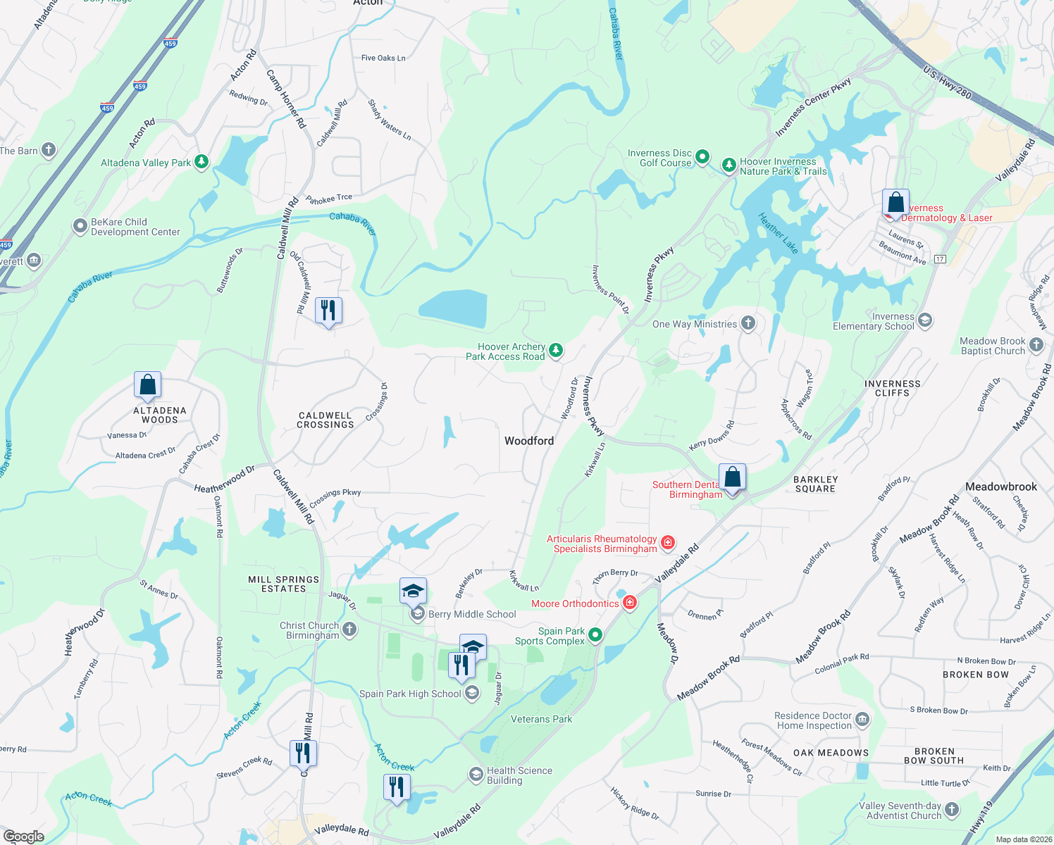 map of restaurants, bars, coffee shops, grocery stores, and more near 3312 Afton Way in Birmingham