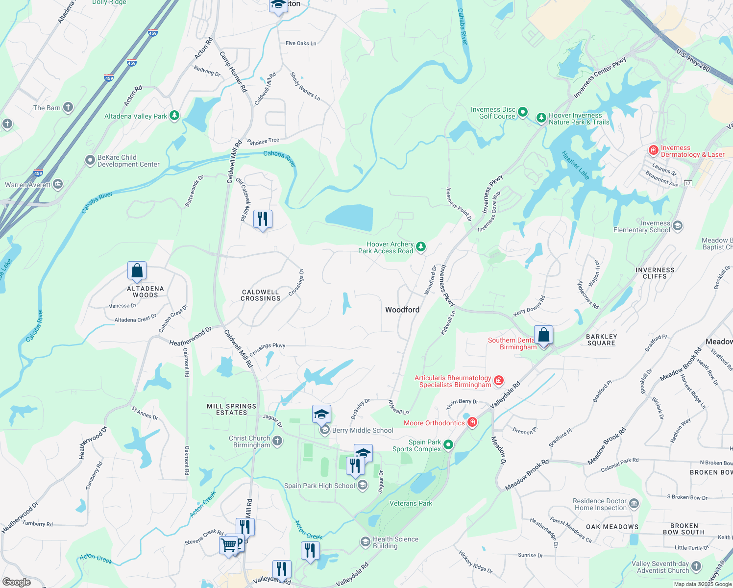 map of restaurants, bars, coffee shops, grocery stores, and more near 3689 Wyngate Lane in Birmingham