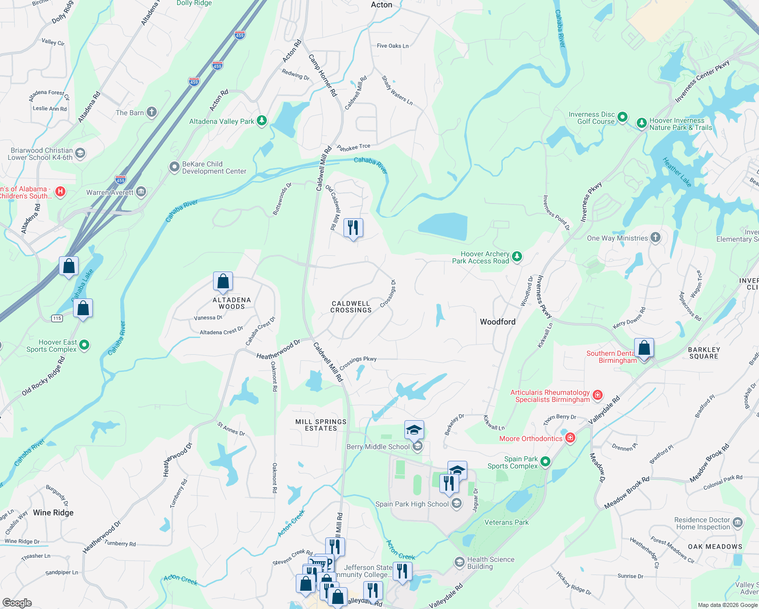map of restaurants, bars, coffee shops, grocery stores, and more near 3176 Crossings Drive in Birmingham