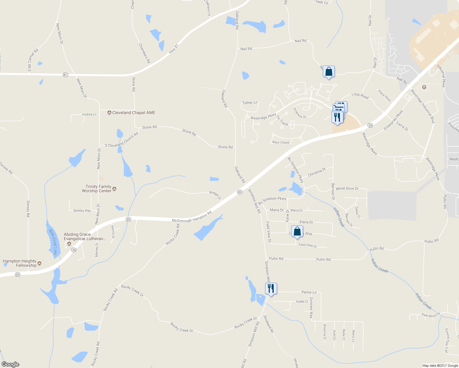 map of restaurants, bars, coffee shops, grocery stores, and more near 782 Oakland Road in McDonough